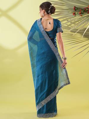 Dark blue organza woven zari work saree with blouse 4