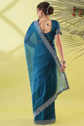 Dark blue organza woven zari work saree with blouse