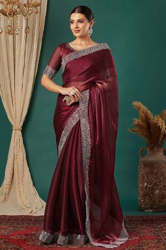 Maroon organza woven zari work saree with blouse