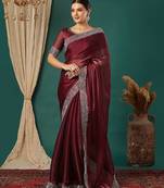 Maroon organza woven zari work saree with blouse