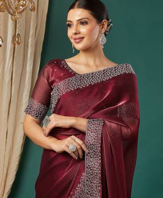 Maroon organza woven zari work saree with blouse 2