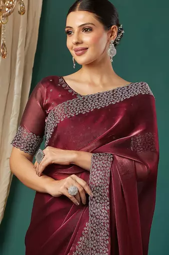 Maroon organza woven zari work saree with blouse