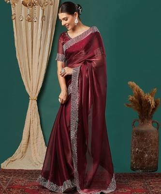 Maroon organza woven zari work saree with blouse 3