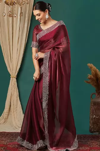 Maroon organza woven zari work saree with blouse