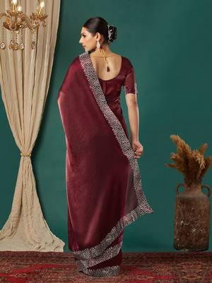 Maroon organza woven zari work saree with blouse 4