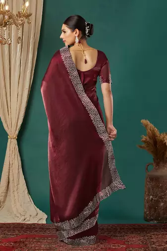 Maroon organza woven zari work saree with blouse