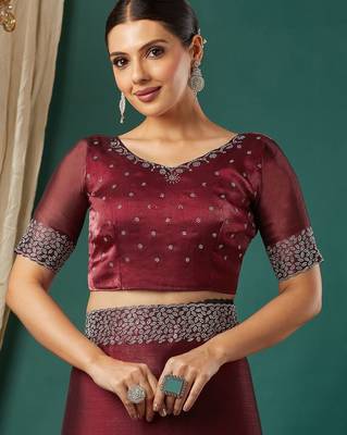 Maroon organza woven zari work saree with blouse 5
