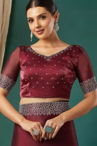 Maroon organza woven zari work saree with blouse