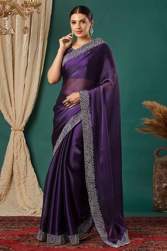 Purple organza woven zari work saree with blouse