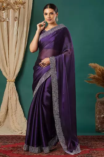 Purple organza woven zari work saree with blouse