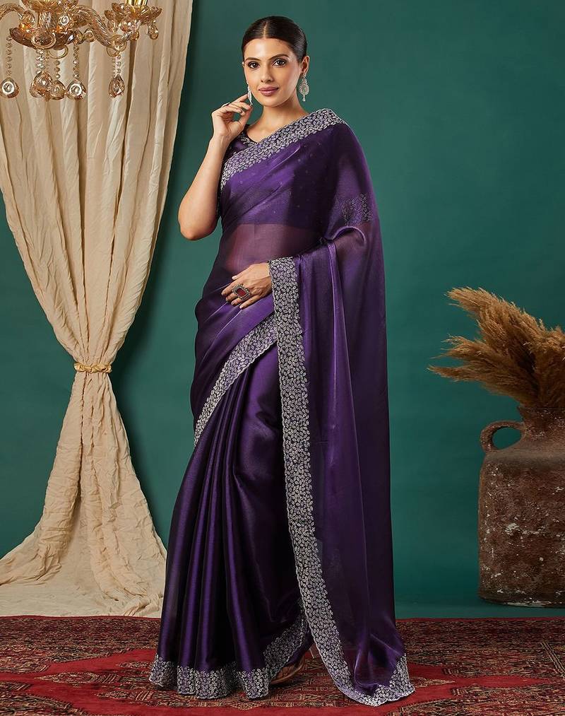 Purple organza woven zari work saree with blouse