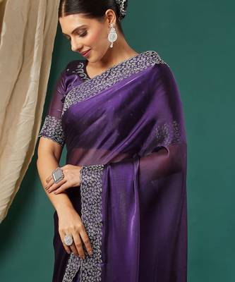 Purple organza woven zari work saree with blouse 2