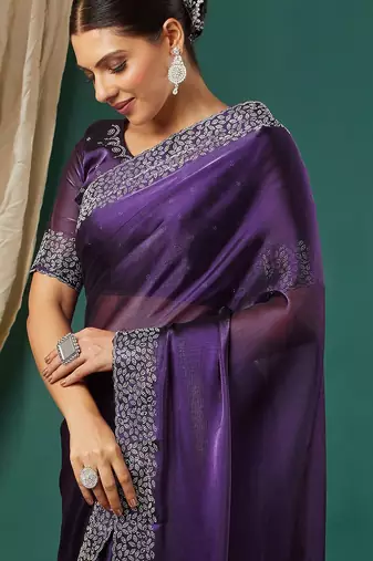 Purple organza woven zari work saree with blouse