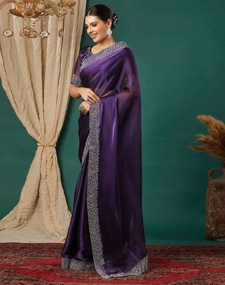 Purple organza woven zari work saree with blouse 3