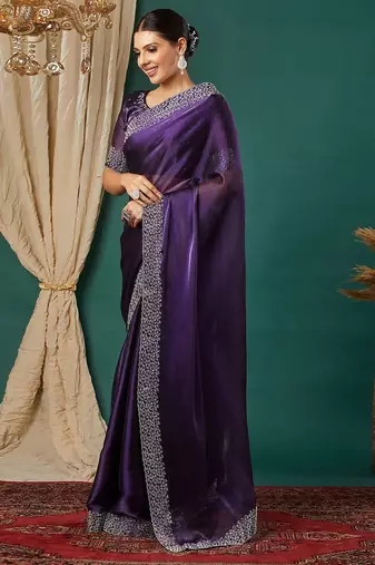 Purple organza woven zari work saree with blouse