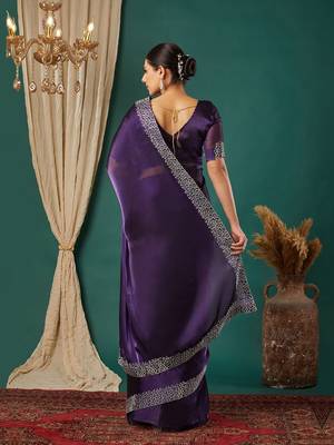 Purple organza woven zari work saree with blouse 4
