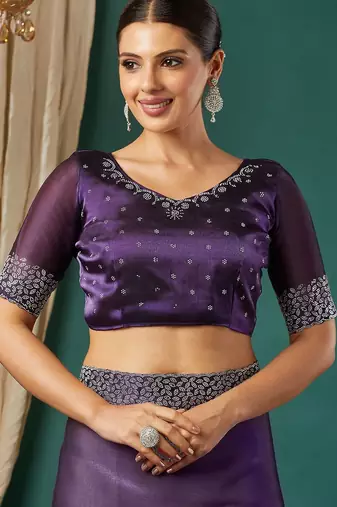 Purple organza woven zari work saree with blouse
