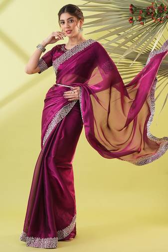 Magenta organza woven zari work saree with blouse