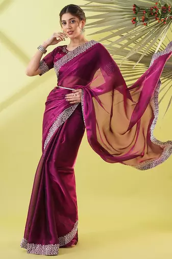 Magenta organza woven zari work saree with blouse