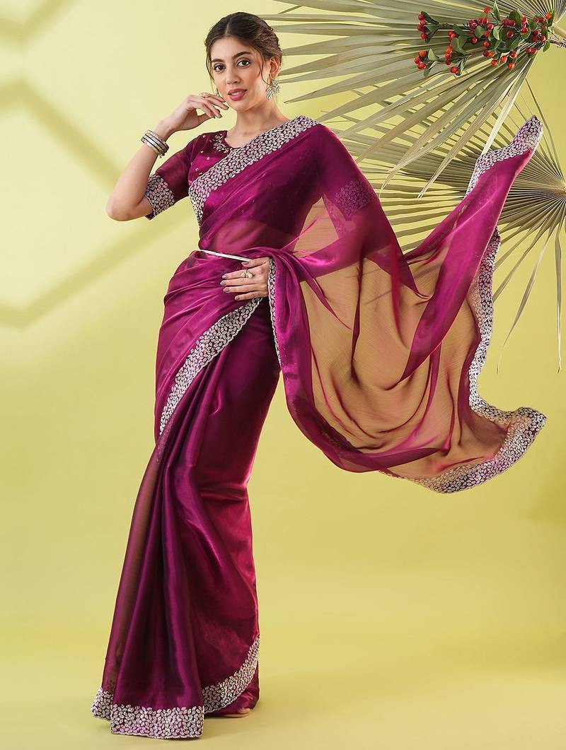 Magenta organza woven zari work saree with blouse