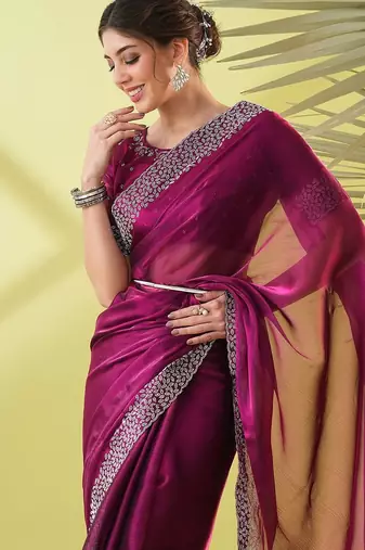 Magenta organza woven zari work saree with blouse