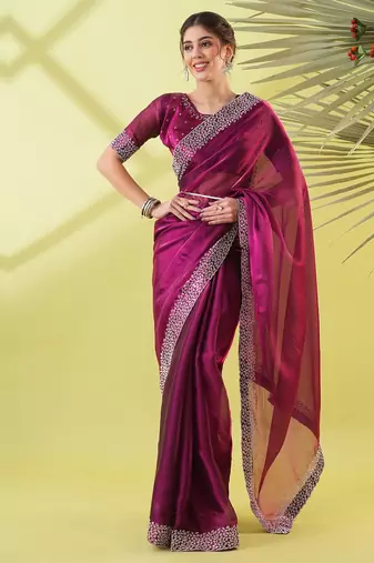 Magenta organza woven zari work saree with blouse