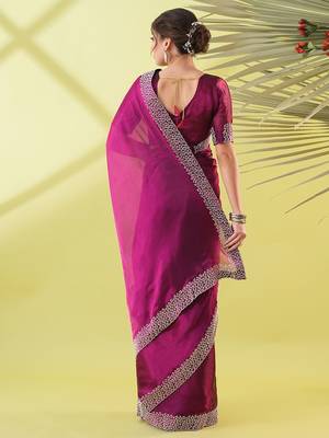 Magenta organza woven zari work saree with blouse 4