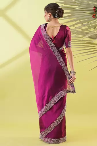 Magenta organza woven zari work saree with blouse