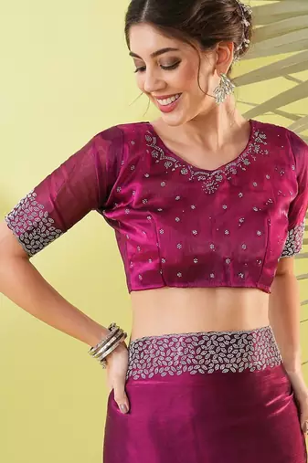 Magenta organza woven zari work saree with blouse