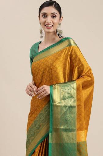 Gold green blended cotton woven zari work saree with blouse