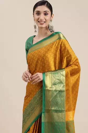 Gold green blended cotton woven zari work saree with blouse