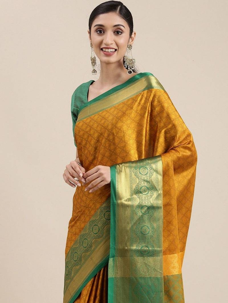 Gold green blended cotton woven zari work saree with blouse