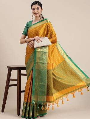 Gold green blended cotton woven zari work saree with blouse 2