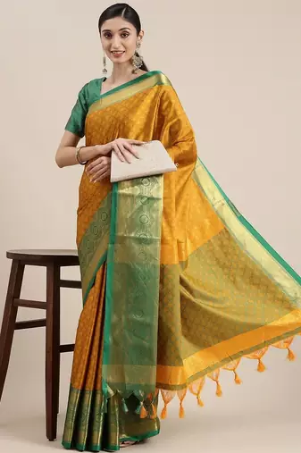 Gold green blended cotton woven zari work saree with blouse