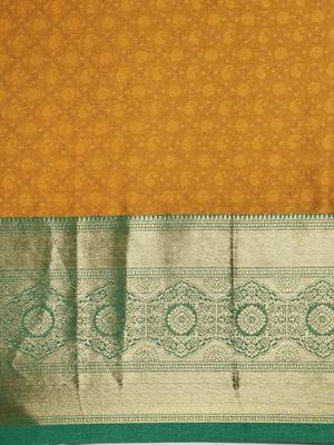 Gold green blended cotton woven zari work saree with blouse 4