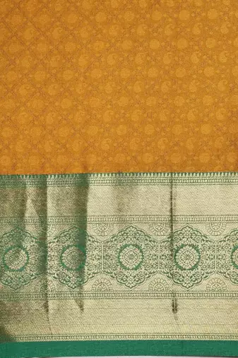 Gold green blended cotton woven zari work saree with blouse