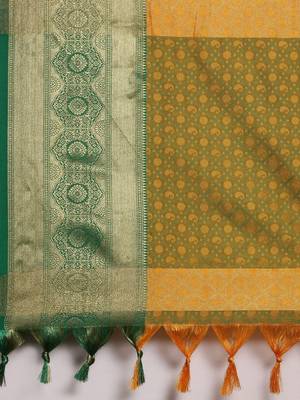 Gold green blended cotton woven zari work saree with blouse 5