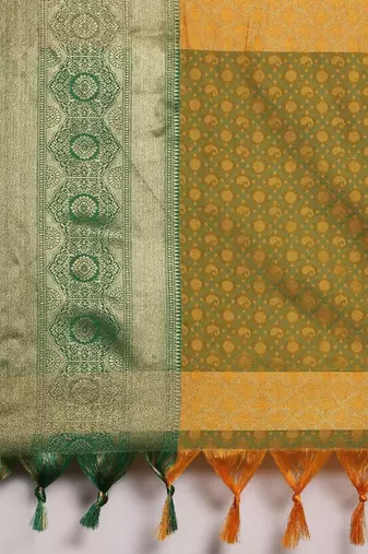 Gold green blended cotton woven zari work saree with blouse
