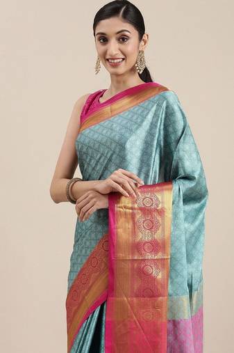Light blue blended cotton woven zari work saree with blouse