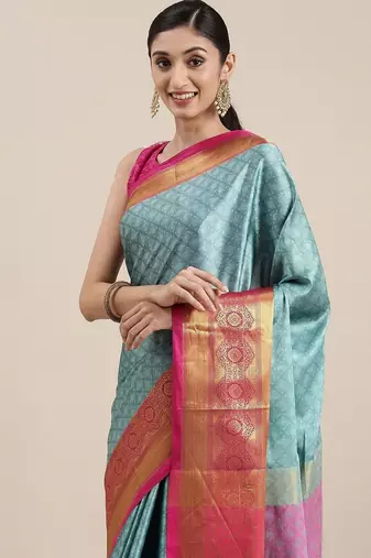 Light blue blended cotton woven zari work saree with blouse