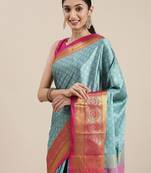 Light blue blended cotton woven zari work saree with blouse