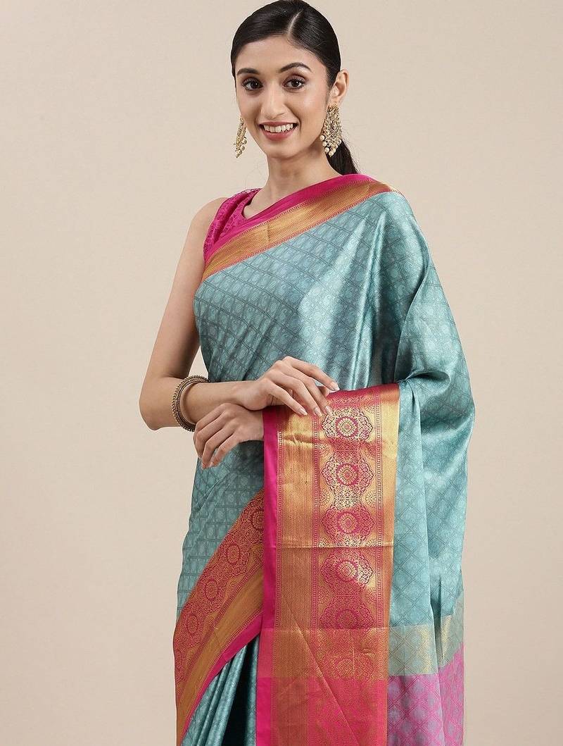 Light blue blended cotton woven zari work saree with blouse