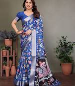 Blue pure silk printed zari work saree with blouse