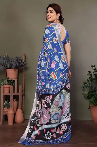 Blue pure silk printed zari work saree with blouse