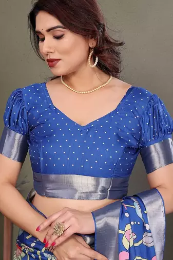 Blue pure silk printed zari work saree with blouse