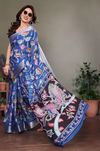 Blue pure silk printed zari work saree with blouse