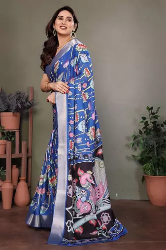 Blue pure silk printed zari work saree with blouse
