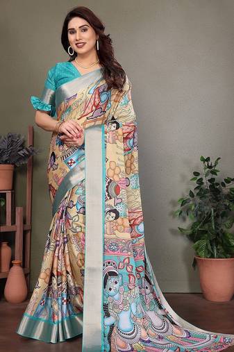 Light blue pure silk printed zari work saree with blouse