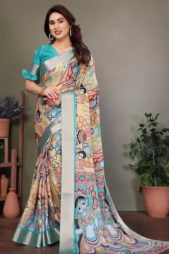 Light blue pure silk printed zari work saree with blouse