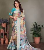 Light blue pure silk printed zari work saree with blouse